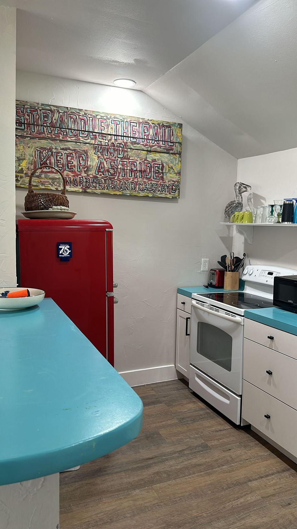 Vintage-style kitchen remodel with colorful cabinetry